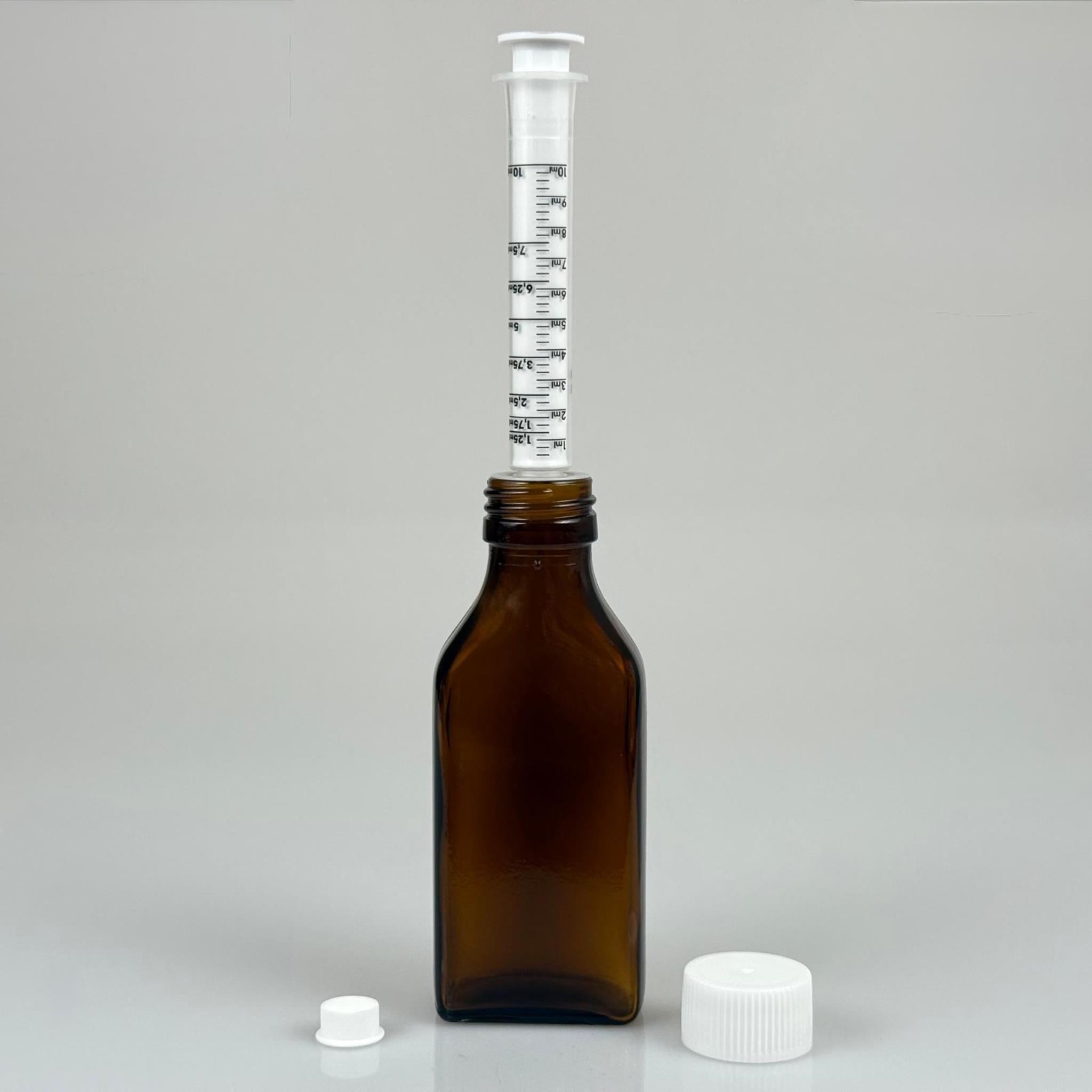 100 ML YASSI CAM ECZA ŞİŞESİ + 10 ML DOZAJ PİPETİ + DOZAJ TIPASI + CONTALI PLASTİK KAPAK TAKIM