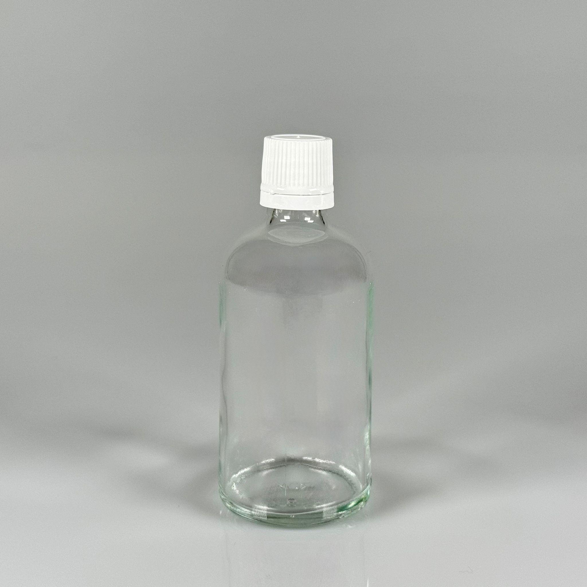 100 CC CAM ŞEFFAF KİLİTLİ, KENDİNDEN CONTALI BEYAZ KAPAKLI - 100 ML DAR AĞIZLI İLAÇ ŞİŞESİ