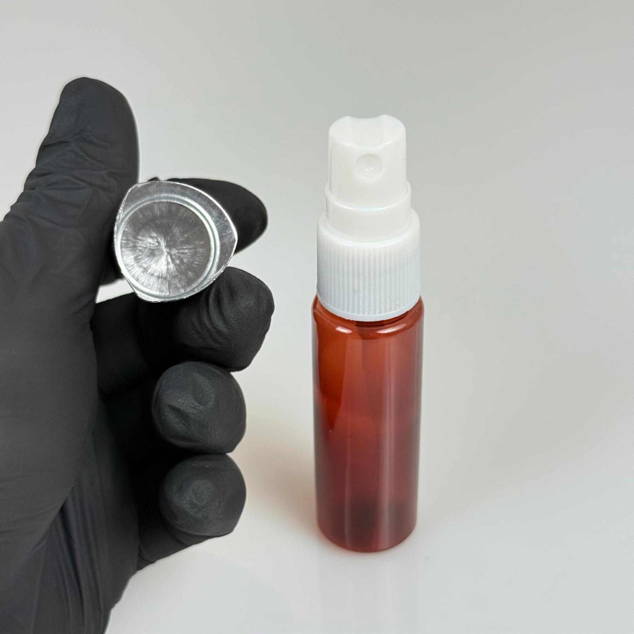 20 ML PET KOLONYA, PARFÜM VB ŞİŞELERİ - METAL ALÜMİNYUM GÜMÜŞ KAPAK + VİDALI SPREY + 20 CC AMBER SHOT ŞİŞE SET TAKIM