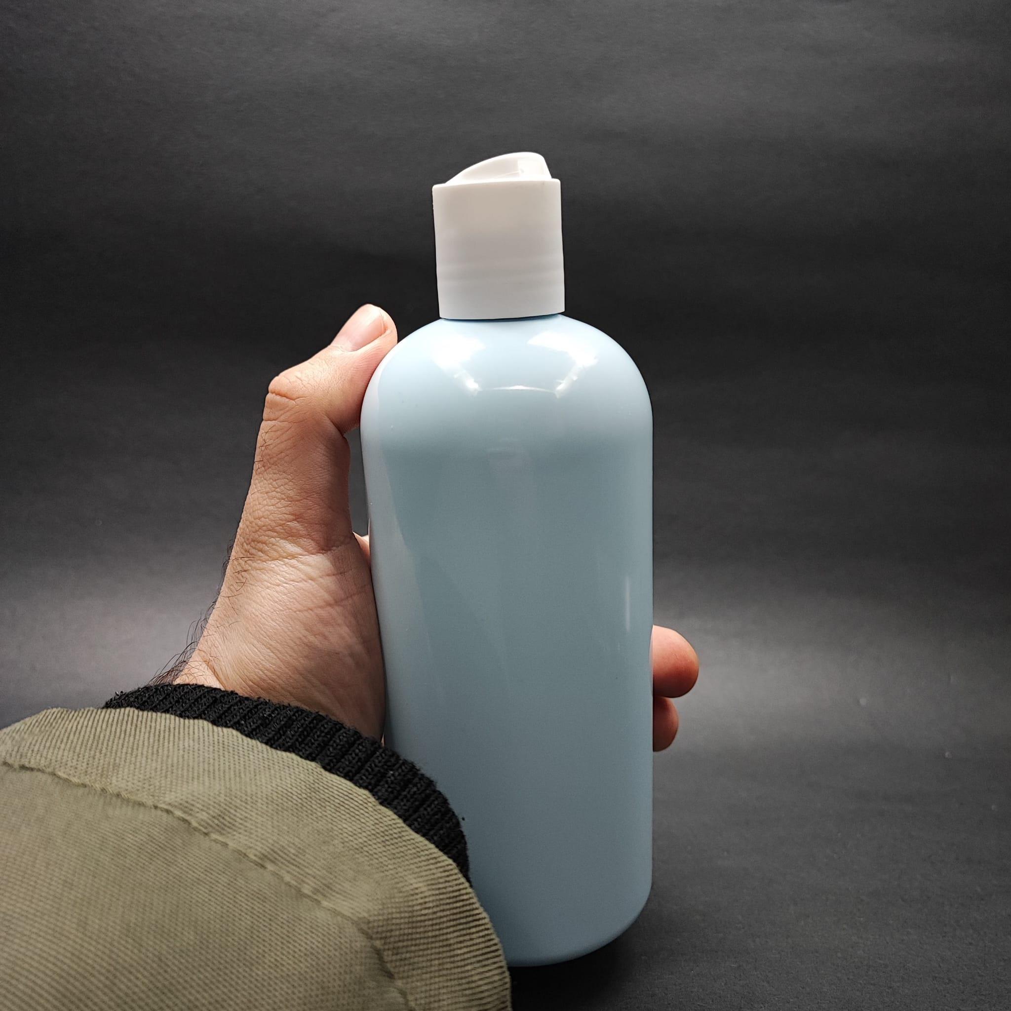 400 CC OVAL BOYUNLU SİLİNDİR PET ŞİŞE (30 GR) - BEYAZ DİSKTOP ŞAMPUAN KAPAKLI - 400 ML PLASTİK ŞİŞE - BEBEK MAVİSİ