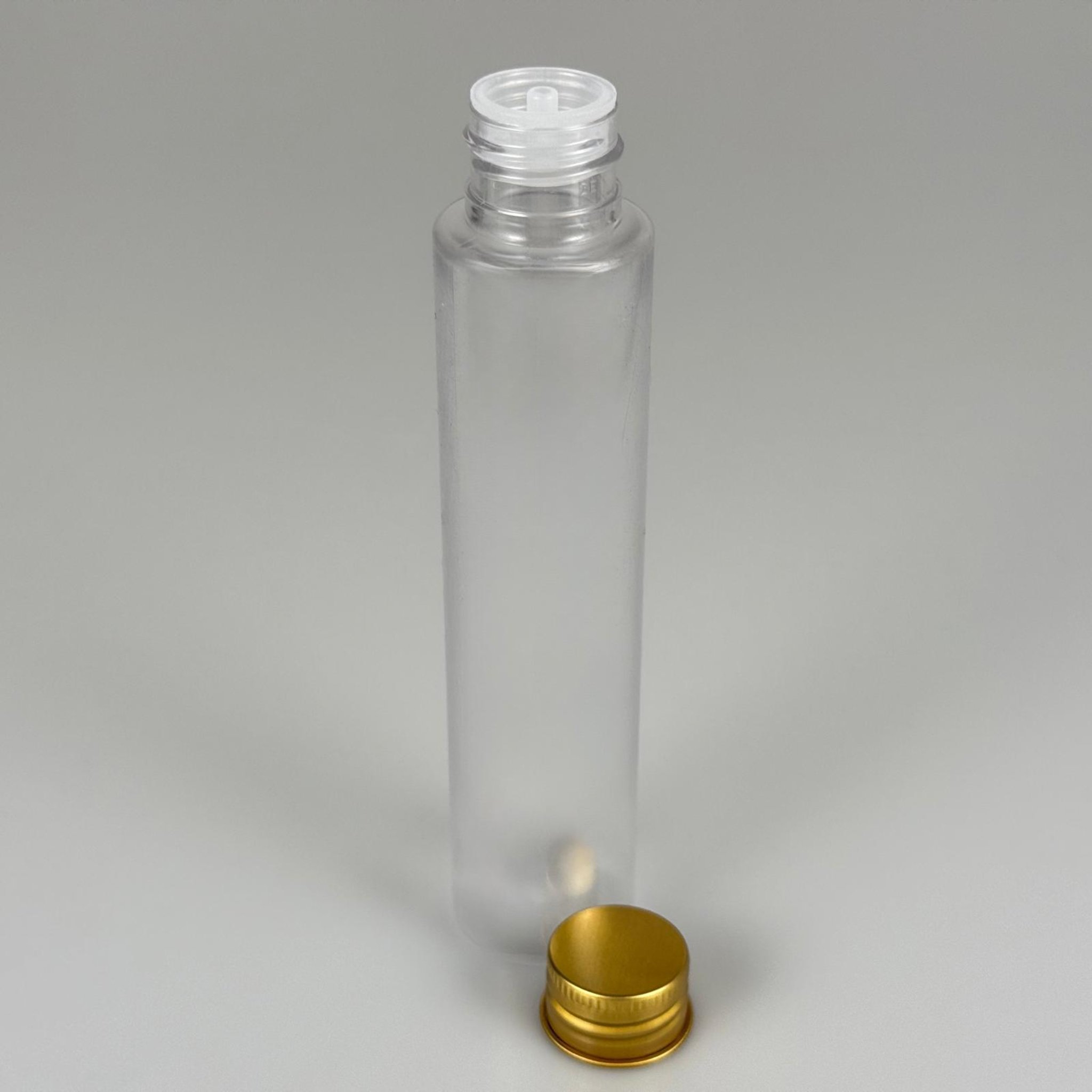 100 CC UZUN SİLİNDİR BUĞULU PET ŞİŞE ( 24 GR - 24 AĞIZ ) + KÖPÜK CONTALI GOLD METAL ALÜMİNYUM KAPAK + KOLONYA TIPALI TAKIM - 100 ML BİBERİYE SUYU, LAVANTA YAĞI, SAÇ SERUM, TONİK VB İÇİN PLASTİK KOZMETİK AMBALAJLARI