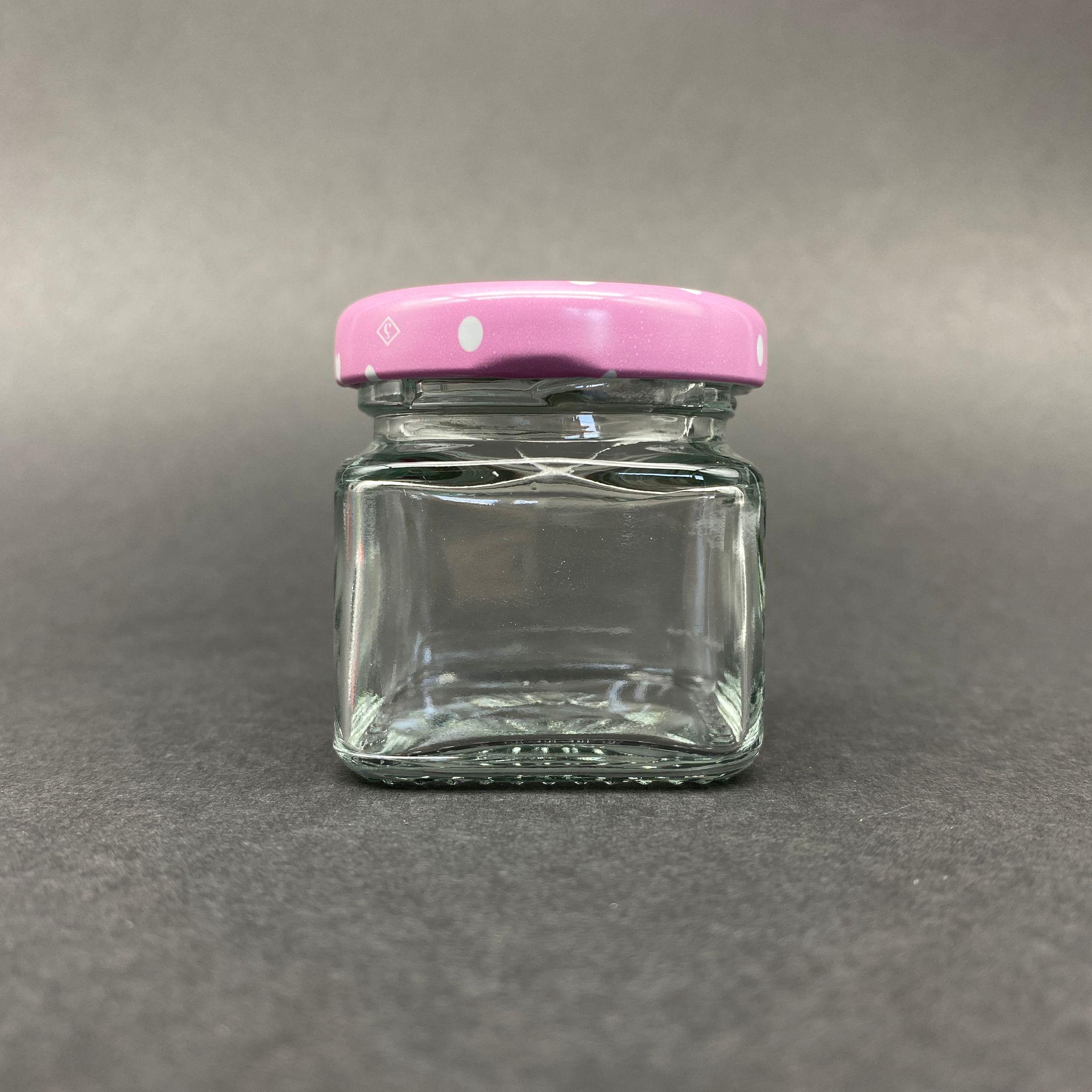 40 CC KARE KAVANOZ - PEMBE METAL KAPAKLI - 40 ML KÖŞELİ TİP CAM KAVANOZ