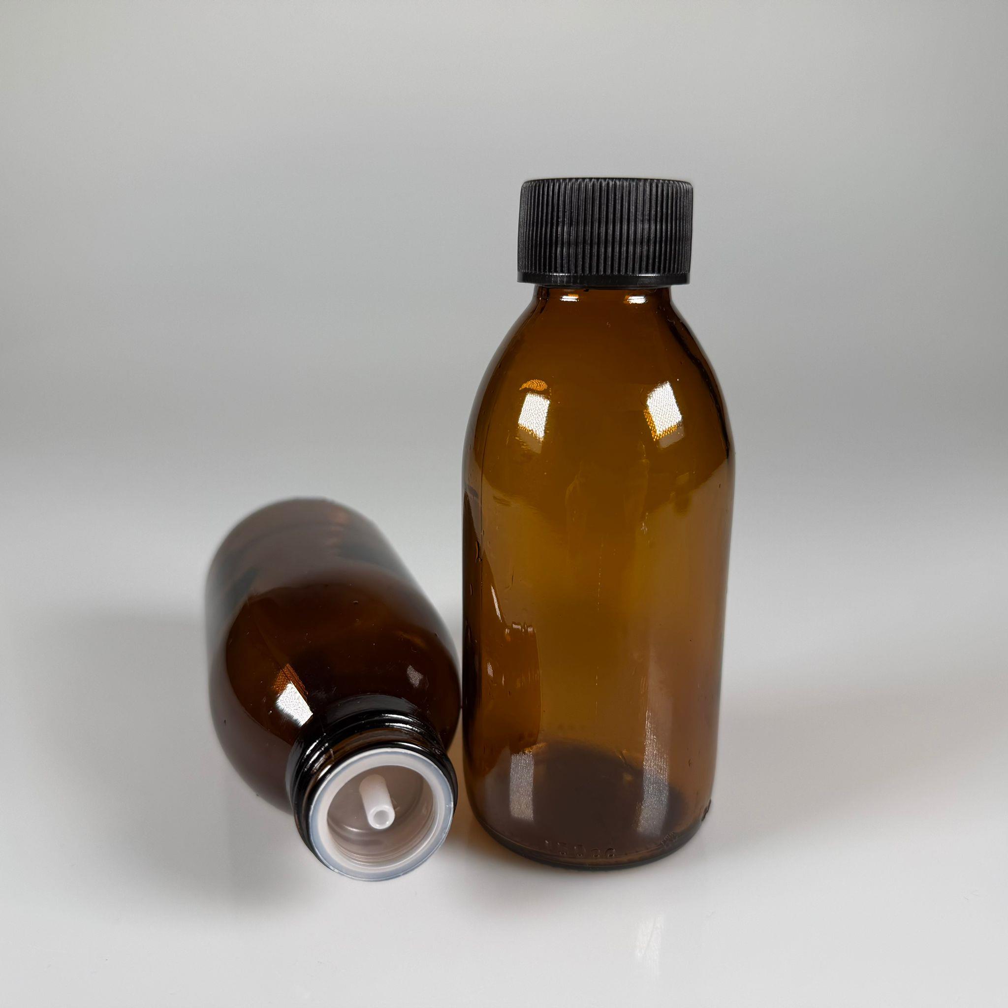 150 ML DOLUMU KOLAY, GENİŞ AĞIZLI İÇTEN DAMLALIKLI ŞİŞE (28 MM AĞIZ)  - 150 CC SİYAH CONTALI KAPAKLI İÇTEN DAMLALIKLI CAM ECZA ŞİŞESİ - AMBER KAHVERENGİ