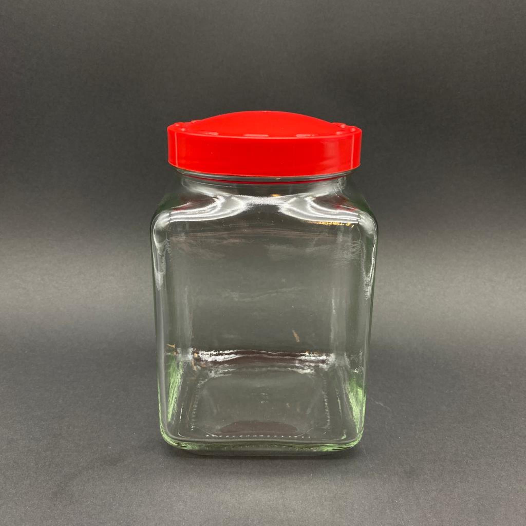 1600 CC KÖŞELİ CAM KAVANOZ - KIRMIZI PLASTİK KAPAKLI - 1600ML KARE CAM KAVANOZ