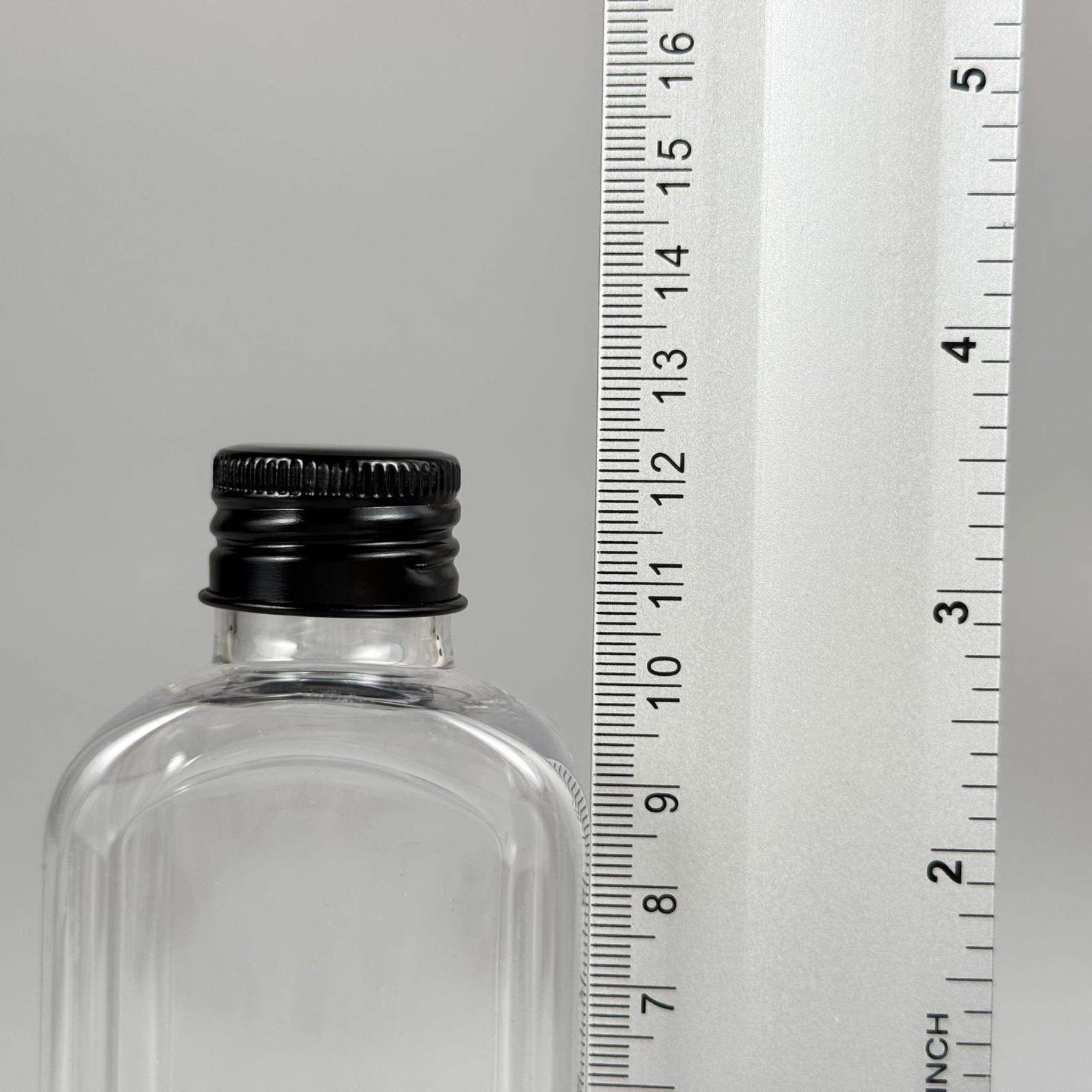 140 CC YASSI KÖŞELİ MODEL ŞEFFAF PET ŞİŞE (24 AĞIZ) + KÖPÜK CONTALI SİYAH METAL ALÜMİNYUM KAPAK + KOLONYA TIPALI TAKIM - 140 ML KAPAKLI PLASTİK ŞİŞELER