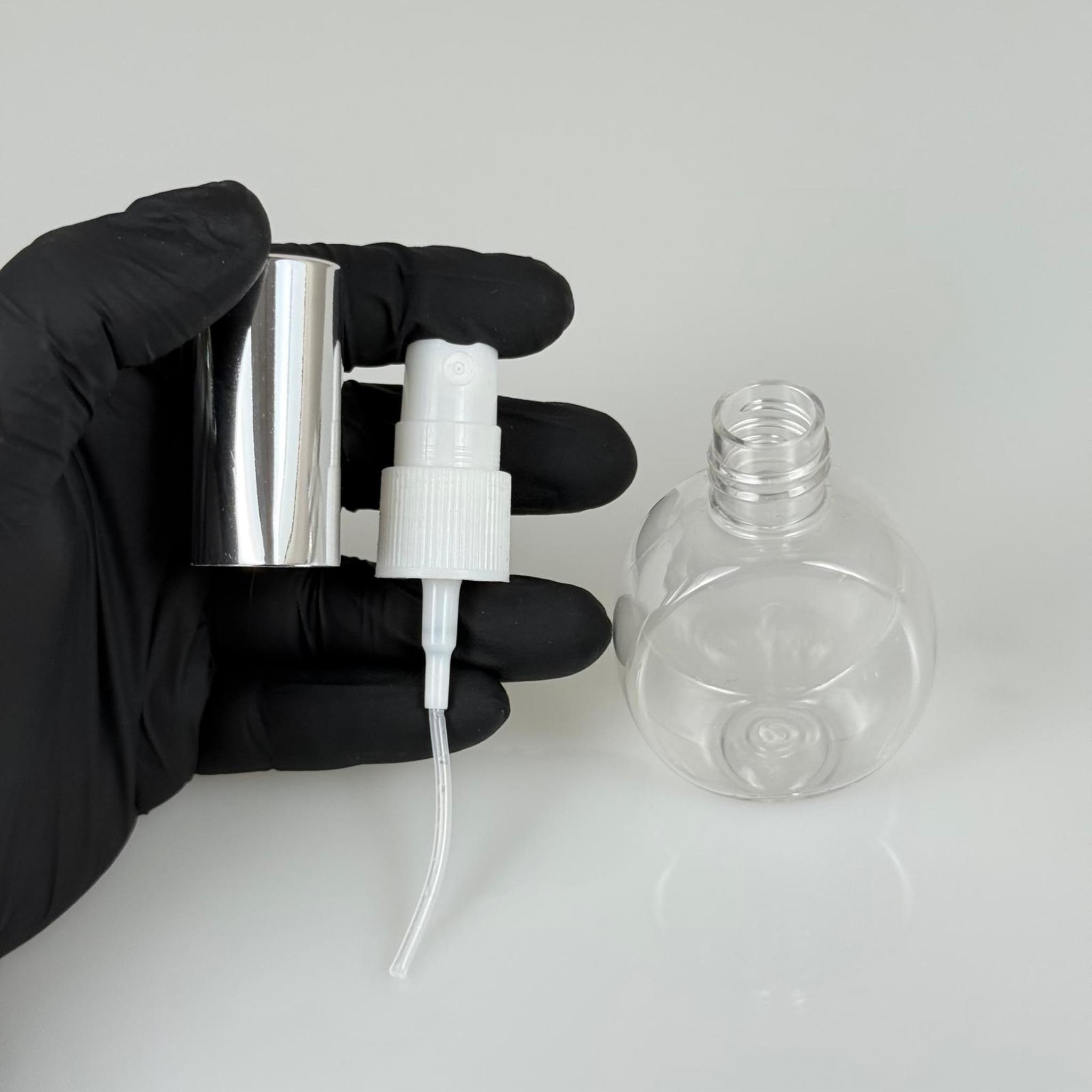 40 ML PET KOLONYA, PARFÜM VB ŞİŞELERİ - METAL ALÜMİNYUM GÜMÜŞ KAPAK + VİDALI SPREY + 40 CC YUVARLAK ŞİŞE SET TAKIM