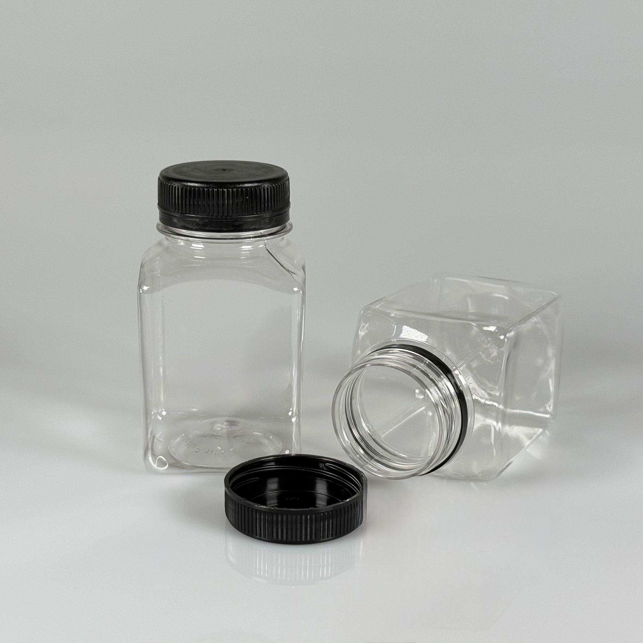 150 CC KÖŞELİ KARE PET ŞİŞE (15,6 GR) - 38 MM GENİŞ AĞIZLI KİLİTLİ SİYAH - 150 ML DETOX, MEYVE SUYU, SMOOTHIE, AYRAN, SÜT, MEŞRUBAT VB İÇİN BOŞ PLASTİK ŞİŞELER