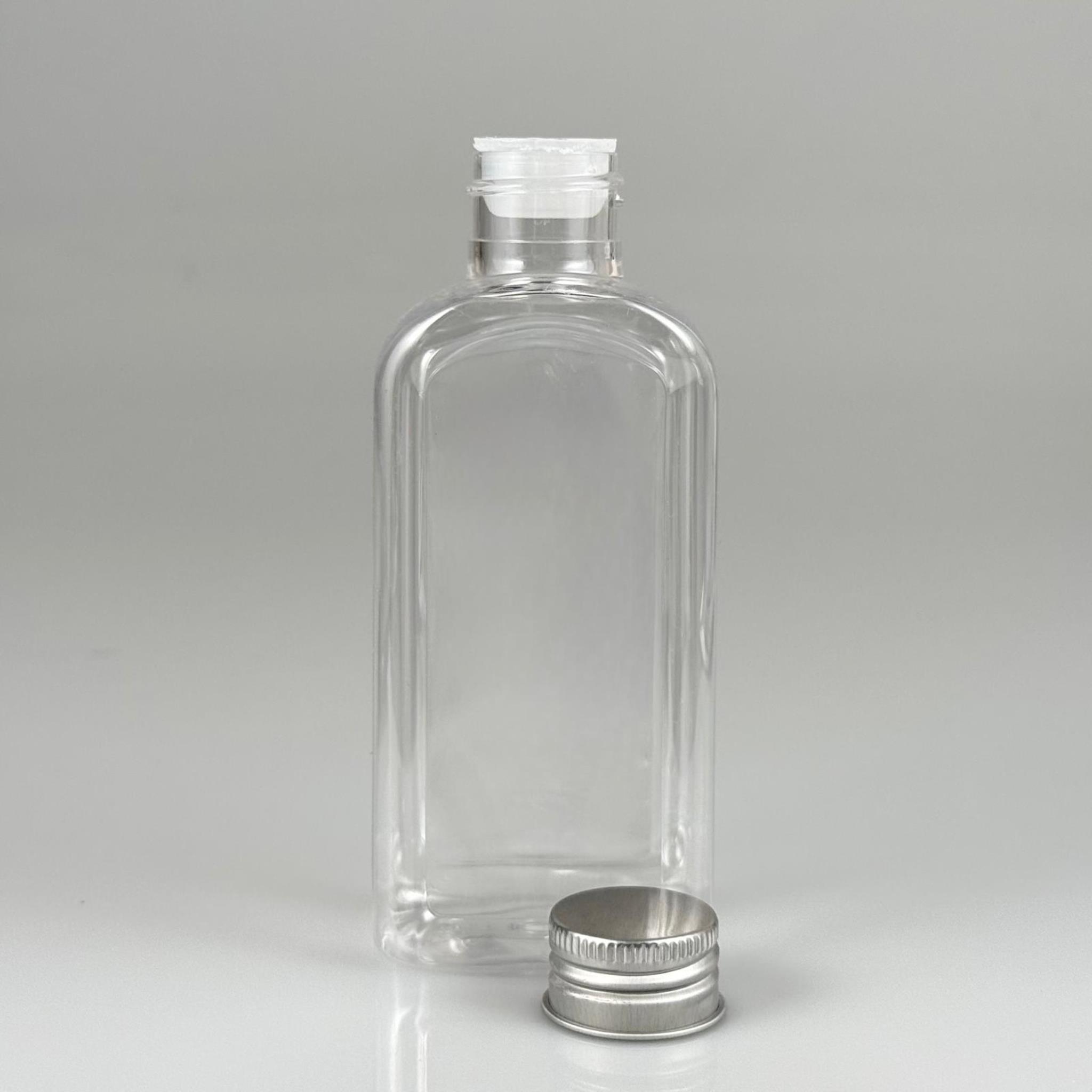 140 CC YASSI KÖŞELİ MODEL ŞEFFAF PET ŞİŞE (24 AĞIZ) + KÖPÜK CONTALI GÜMÜŞ METAL ALÜMİNYUM KAPAK + KOLONYA TIPALI TAKIM - 140 ML KAPAKLI PLASTİK ŞİŞELER
