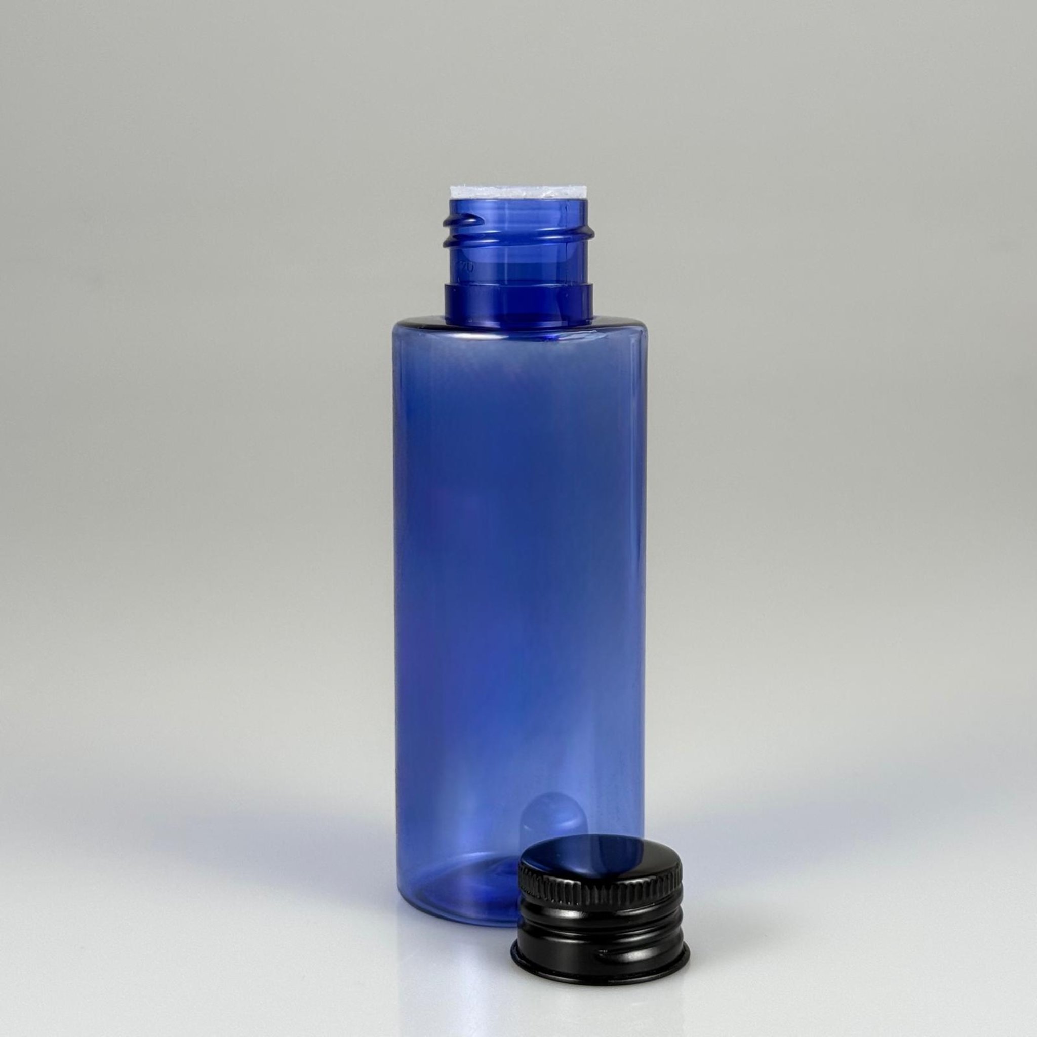 100 CC MAVİ SİLİNDİR KESKİN KÜT MODEL SERT PET ŞİŞE (17 GR - 24 AĞIZ ) + KÖPÜK COMTALI SİYAH METAL ALÜMİNYUM KAPAK + KOLONYA TIPALI TAKIM - 100 ML KAPAKLI MAVİ PET ŞİŞELER