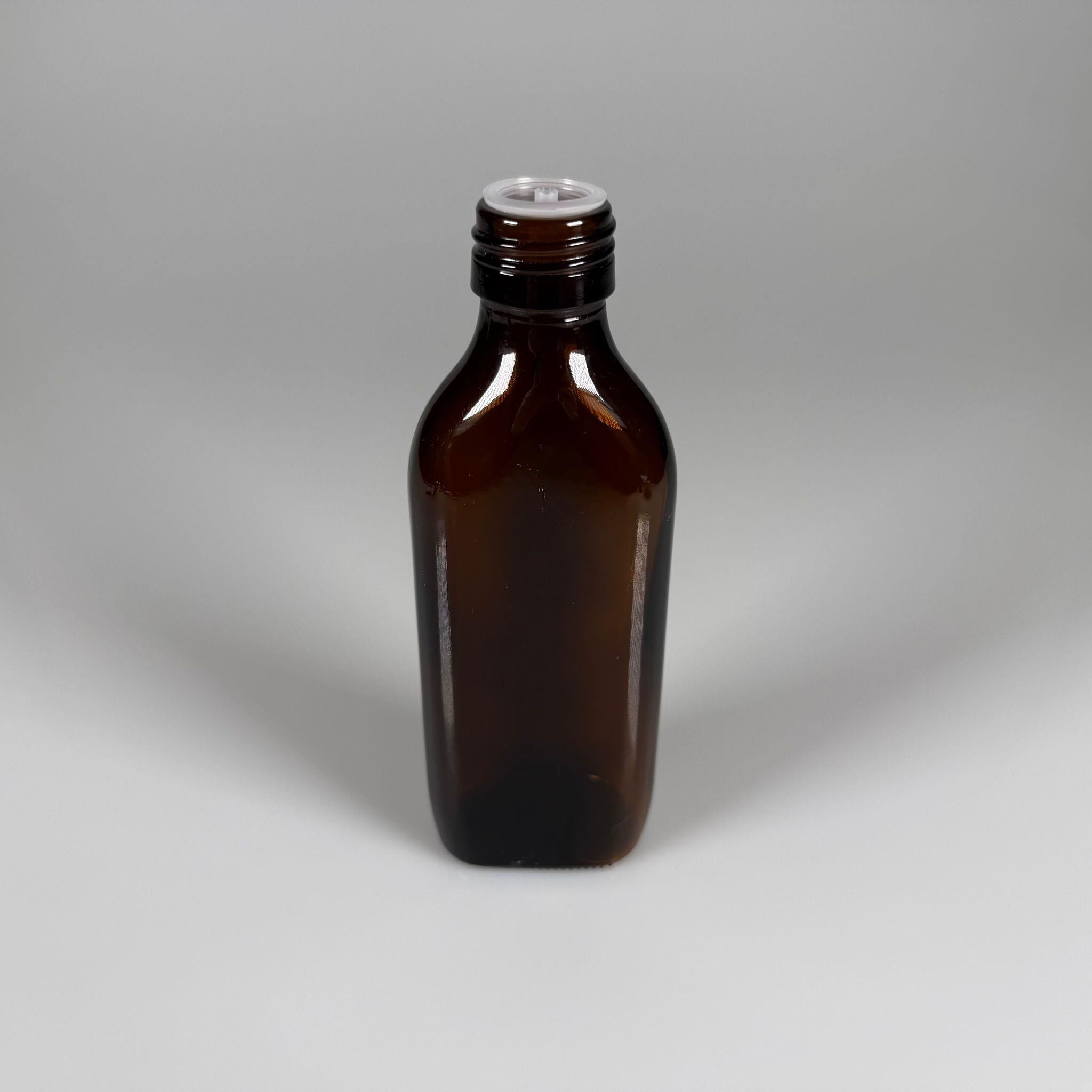 150 ML YASSI DOLUMU KOLAY, GENİŞ AĞIZLI İÇTEN DAMLALIKLI ŞİŞE (28 MM AĞIZ)  - 150 CC SİYAH CONTALI KAPAKLI İÇTEN DAMLALIKLI CAM ECZA ŞİŞESİ - AMBER KAHVERENGİ