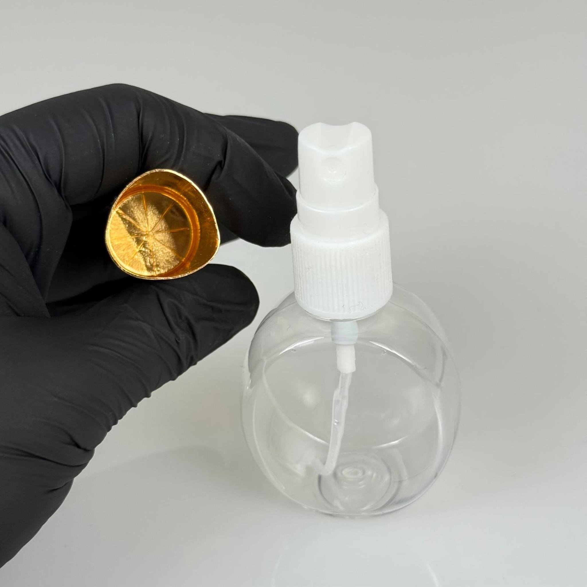 40 ML PET KOLONYA, PARFÜM VB ŞİŞELERİ - METAL ALÜMİNYUM GOLD KAPAK + VİDALI SPREY + 40 CC YUVARLAK ŞİŞE SET TAKIM