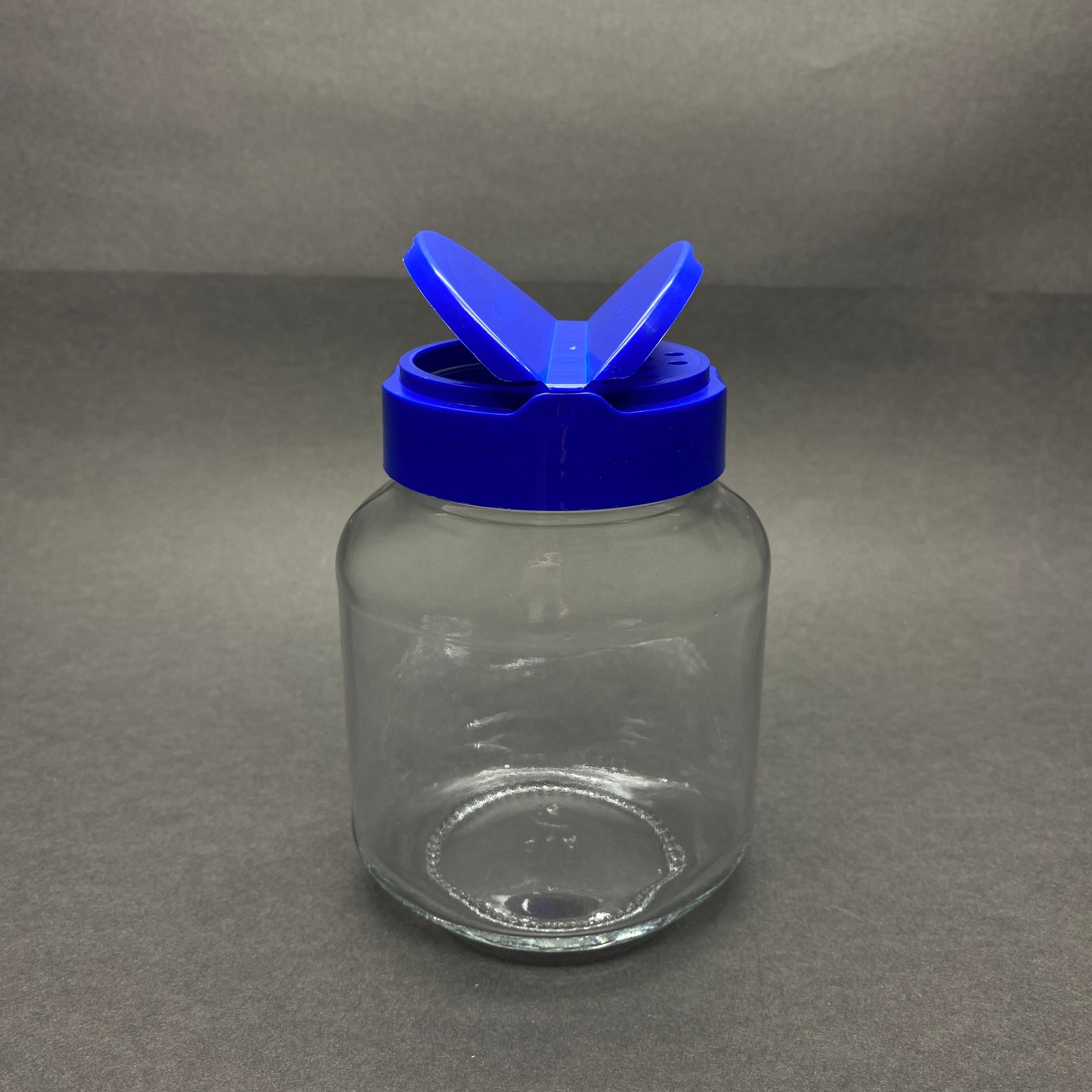 340 CC YASSI CAM BAHARATLIK KAVANOZ - 340 ML KÖŞELİ BAHARAT KAVANOZU - MAVİ AÇILIR KAPANIR KAPAKLI