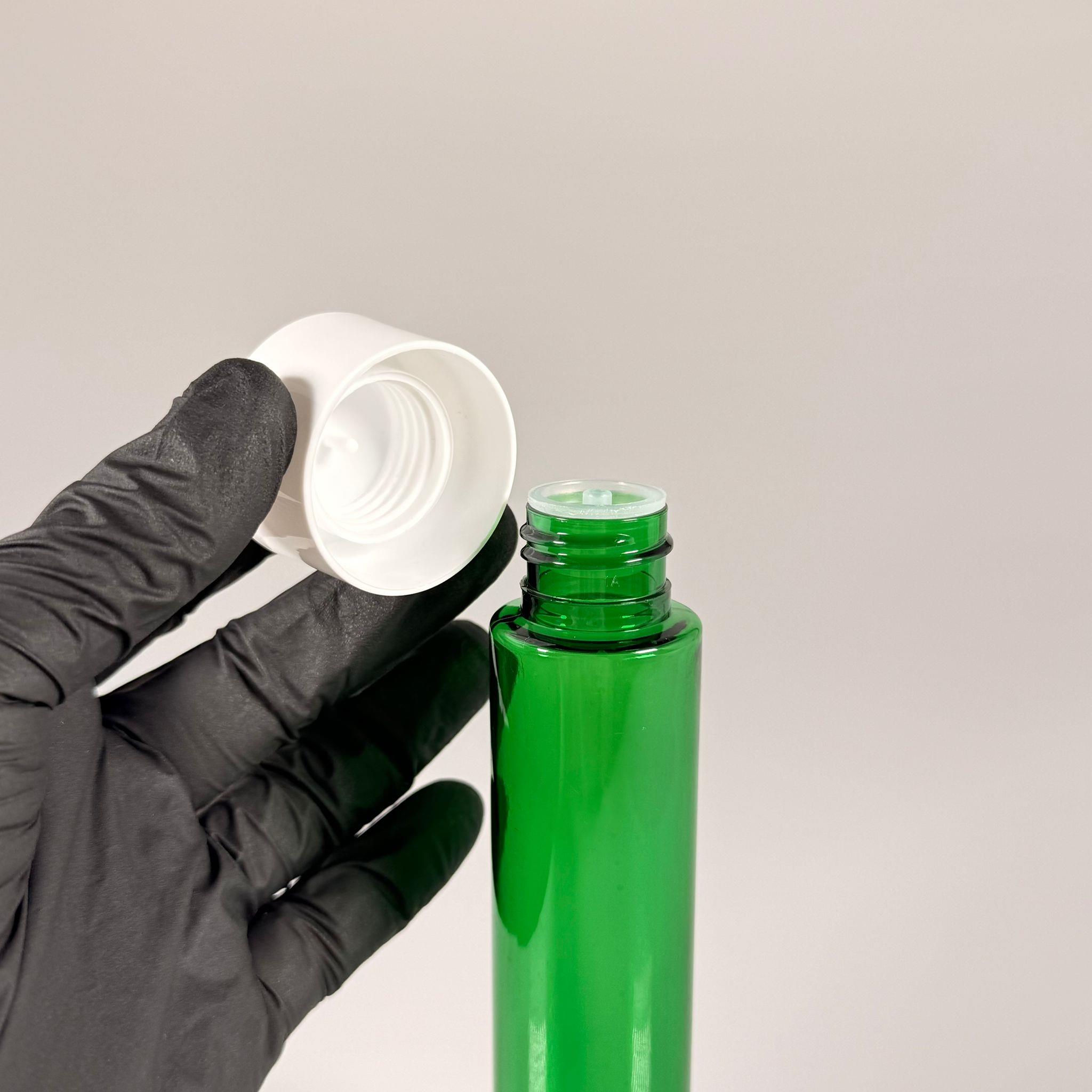 100 CC UZUN SİLİNDİR YEŞİL PET ŞİŞE (24 GR)  - BEYAZ DERİN ETEKLİ KAPAKLI KOLONYA TIPALI - 100 ML BİBERİYE SUYU, LAVANTA YAĞI, SAÇ SERUM, TONİK VB İÇİN PLASTİK KOZMETİK AMBALAJLARI
