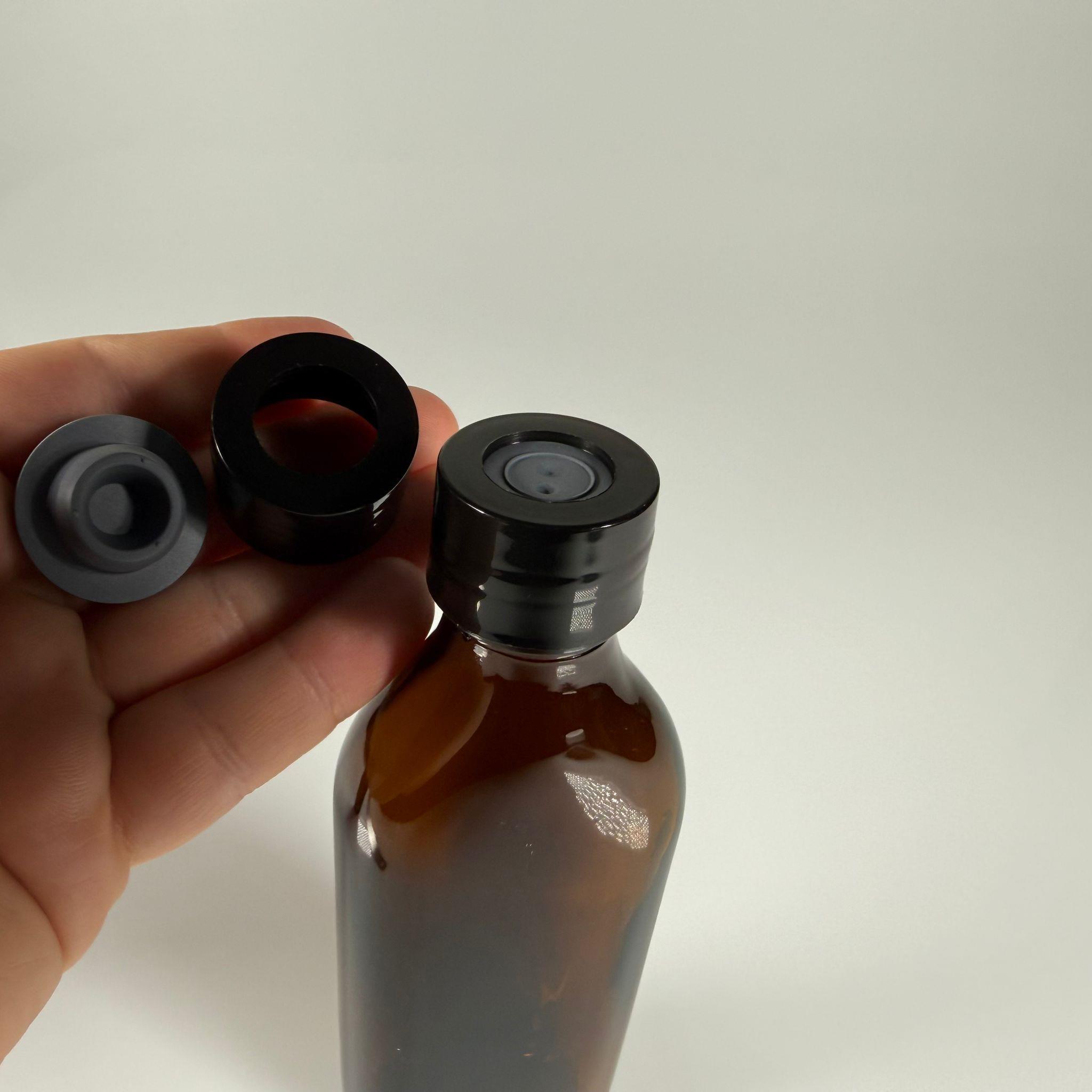FLAKON ENJEKTÖR SERUM ŞİŞESİ - 150 ML YASSI ECZA CAM ŞİŞE + VİDALI DELİKLİ KAPAK (ELLE ÇEVİREREK KAPANIR) + KAUÇUK BUTİL TIPA TAKIM
