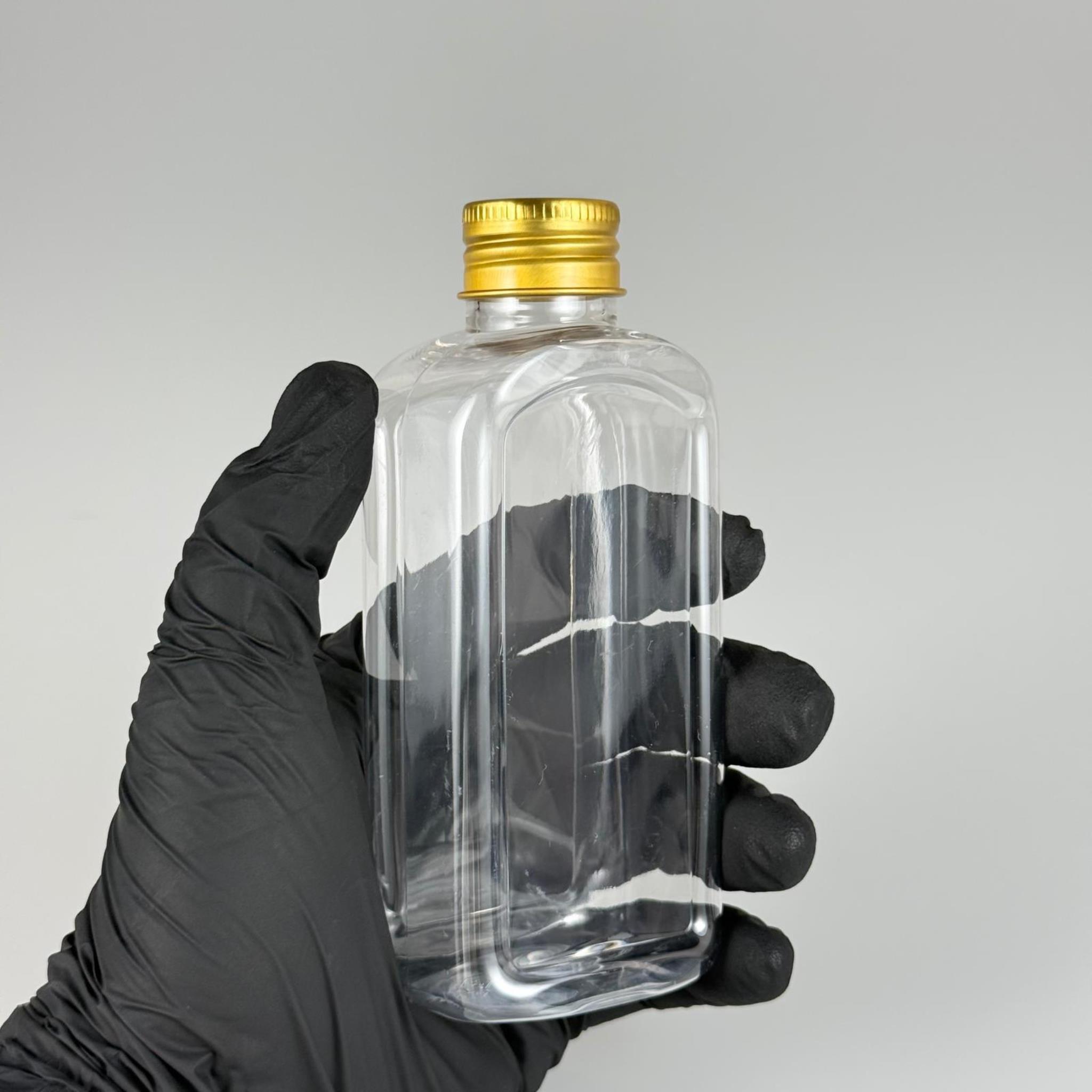 140 CC YASSI KÖŞELİ MODEL ŞEFFAF PET ŞİŞE (24 AĞIZ) + KÖPÜK CONTALI GOLD METAL ALÜMİNYUM KAPAK TAKIM - 140 ML KAPAKLI PLASTİK ŞİŞELER