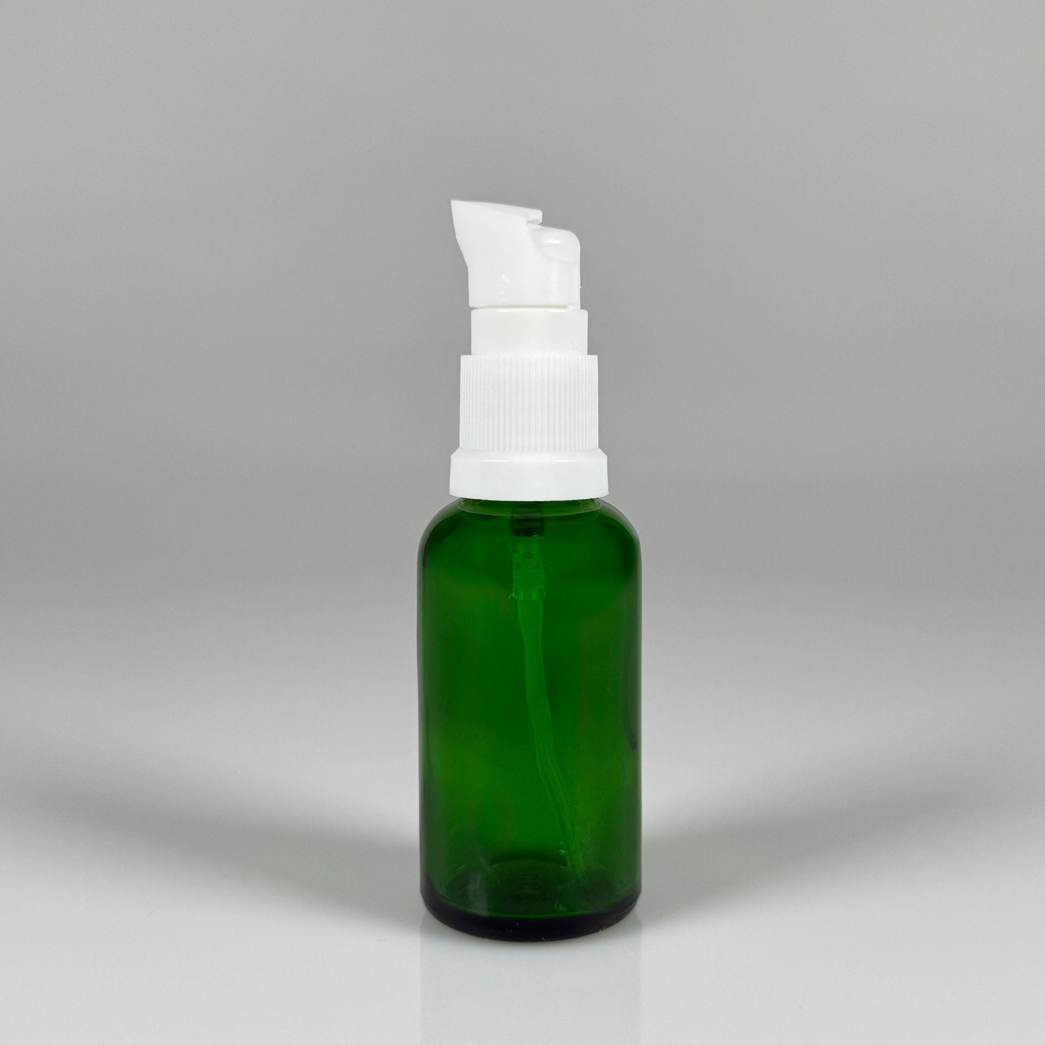 30 CC YEŞİL CAM ŞİŞE - SIZDIRMAZ ETEKLİ BEYAZ LOSYON POMPALI TAKIM - 30 ML LOSYON ŞİŞESİ - YAĞ, KREM GİBİ YOĞUN KIVAMLI SIVILAR İÇİN CAM AMBALAJ