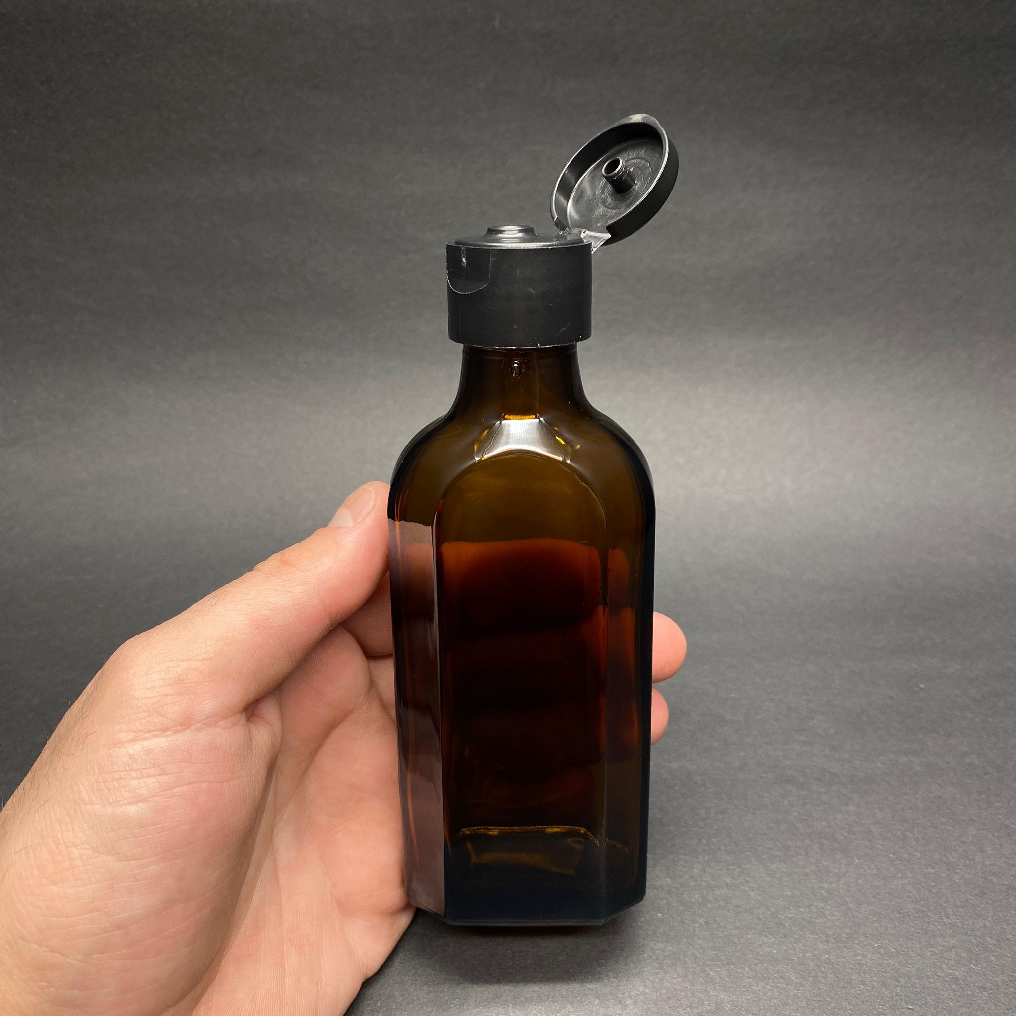100 CC AMBER YASSI CAM ŞİŞE - SİYAH FLİPTOP AKITICILI KAPAKLI - 100 ML KAHVERENGİ YASSI MODEL CAM ŞİŞE