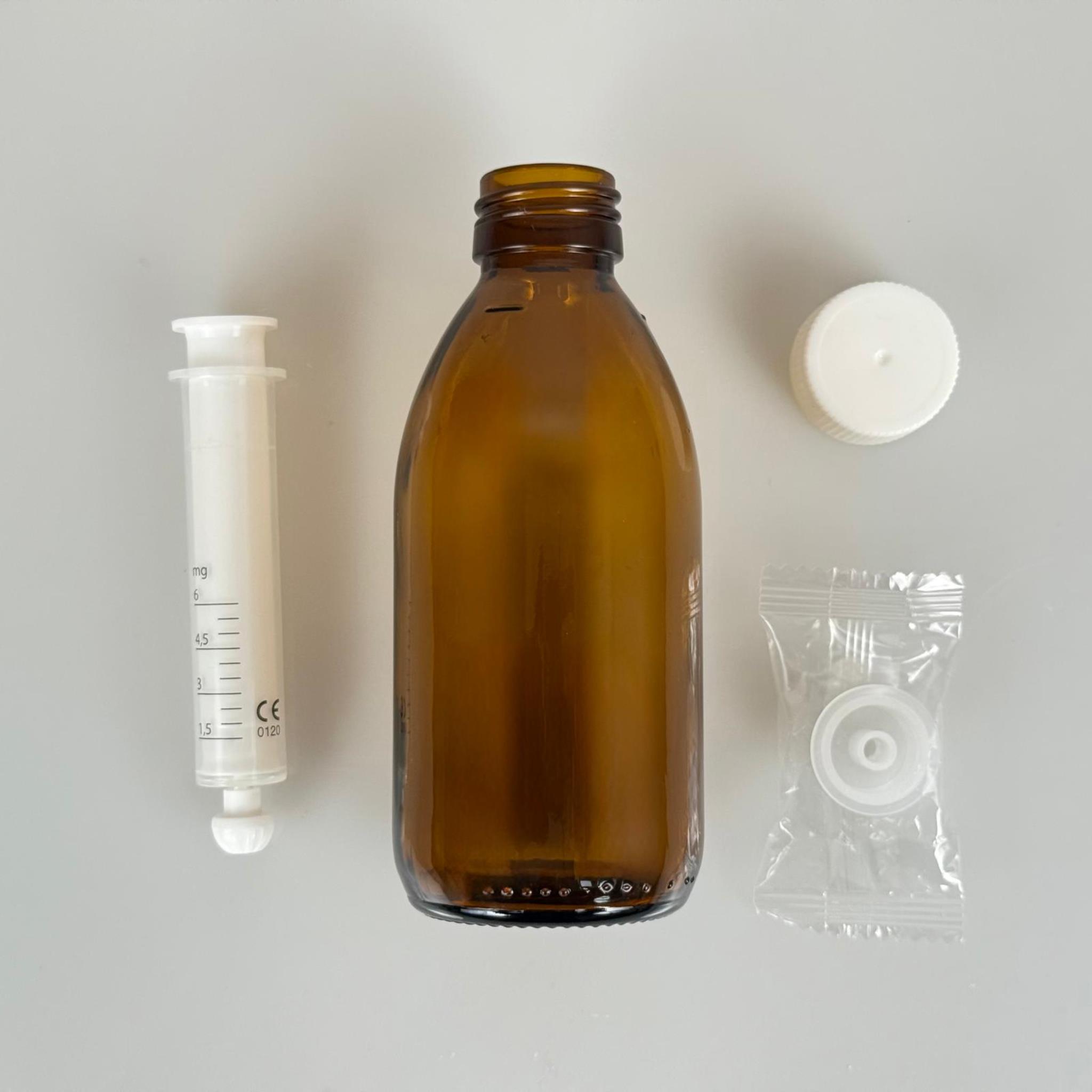 200 ML CAM ECZA ŞİŞESİ + 6 ML DOZAJ PİPETİ + DOZAJ TIPASI + CONTALI PLASTİK KAPAK TAKIM