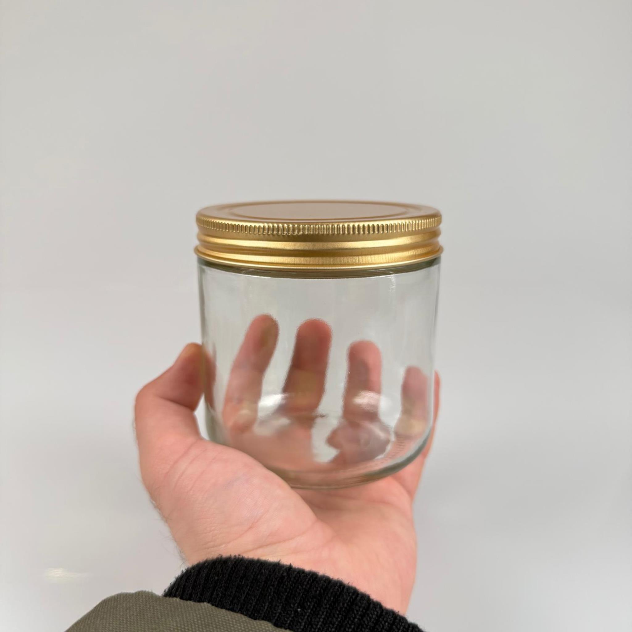 450 CC GENİŞ AĞIZ CAM KAVANOZ - GOLD METAL KAPAKLI - 450 ML ZEYTİN KAVANOZU - MUM KAVANOZU