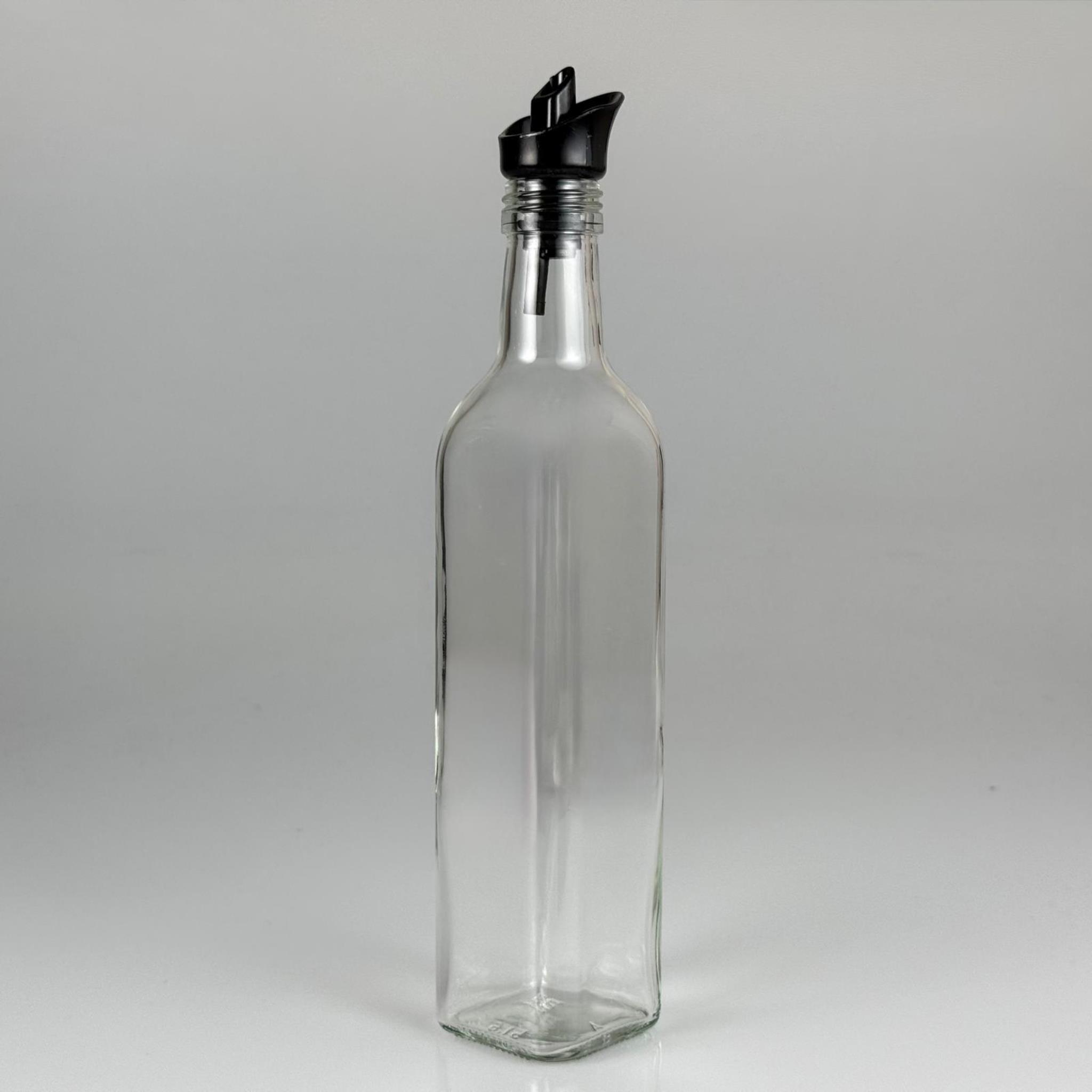 Akıtmaz Kapaklı Şık Cam Yağlık – Zeytinyağı ve Sirke İçin - Restoran Tipi 500 ML Şeffaf Maraska Kare Yağdanlık Siyah Akıtıcı Başlıklı