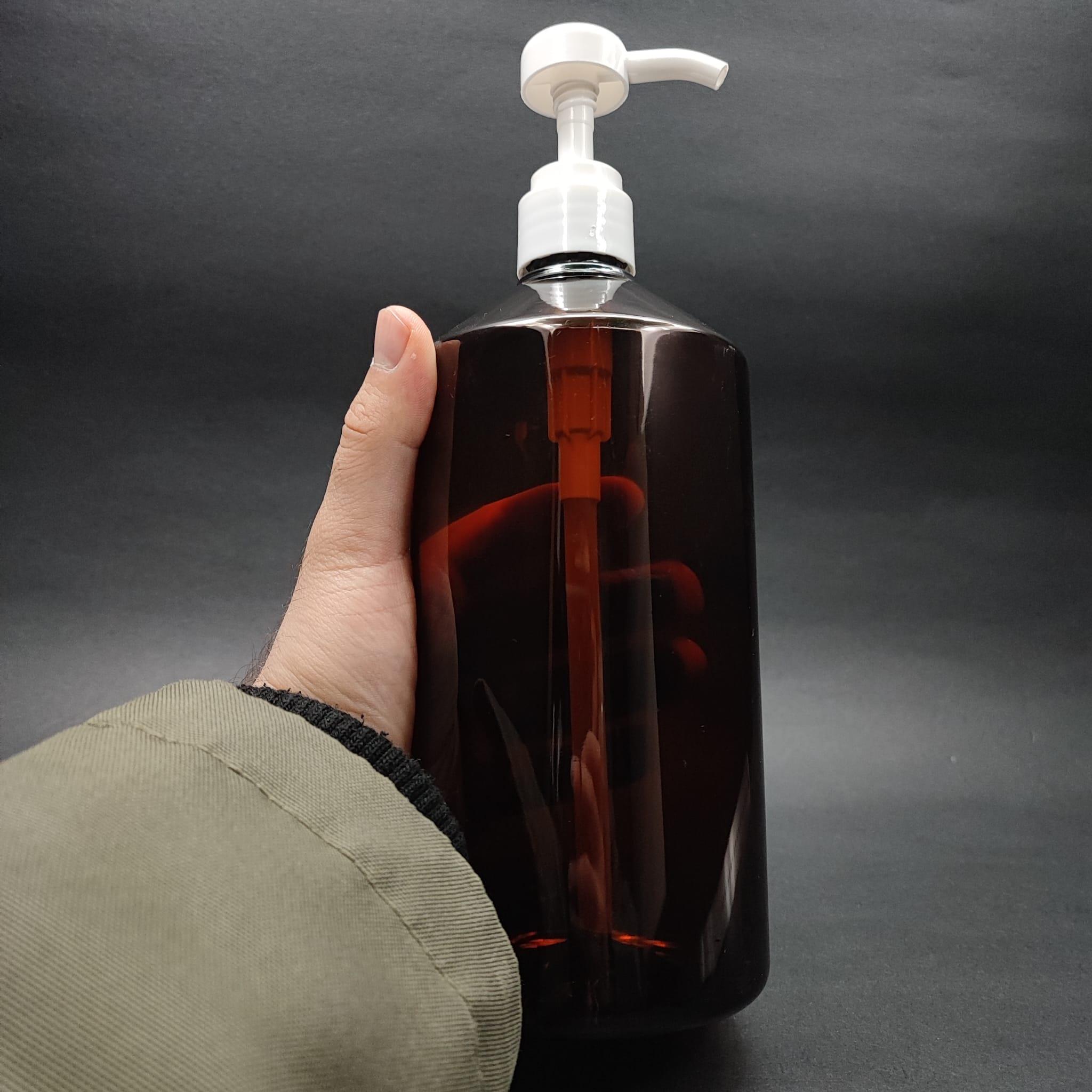 1000 CC AMBER PET ŞİŞE - BEYAZ DOZAJ POMPALI (HER BASMADA 4 CC SIVI ATAR)  - 1000 ML POMPALI ŞİŞE - ŞURUP, ŞAMPUAN, KREM GİBİ YOĞUN KIVAMLI SIVILARDA KULLANILIR