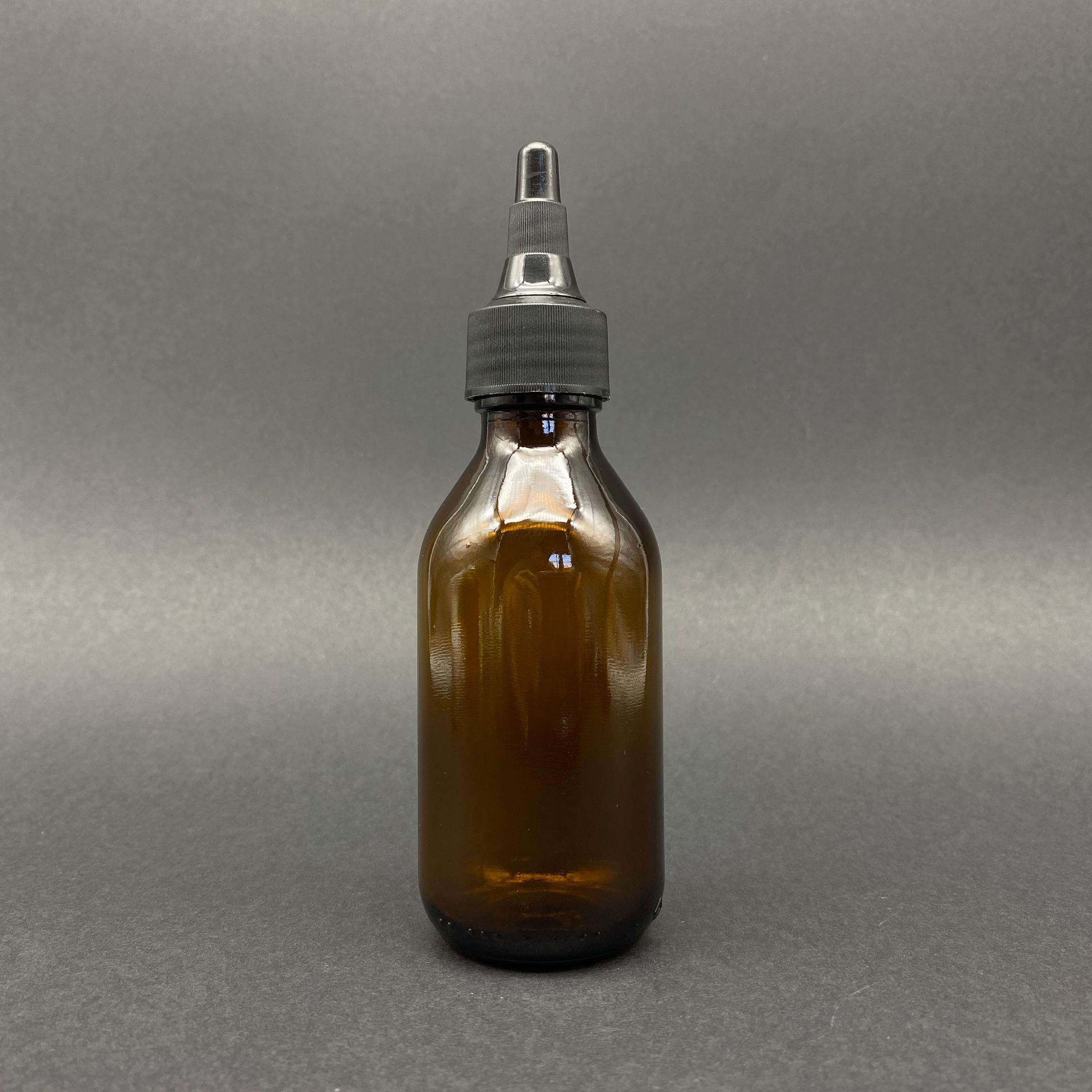 100 CC AMBER CAM ŞİŞE - SİYAH AKITICILI ASANSÖR KAPAKLI - 100 ML KAHVERENGİ BOŞ ŞURUP ŞİŞESİ (AĞIZ ÇAPI 25 MM)
