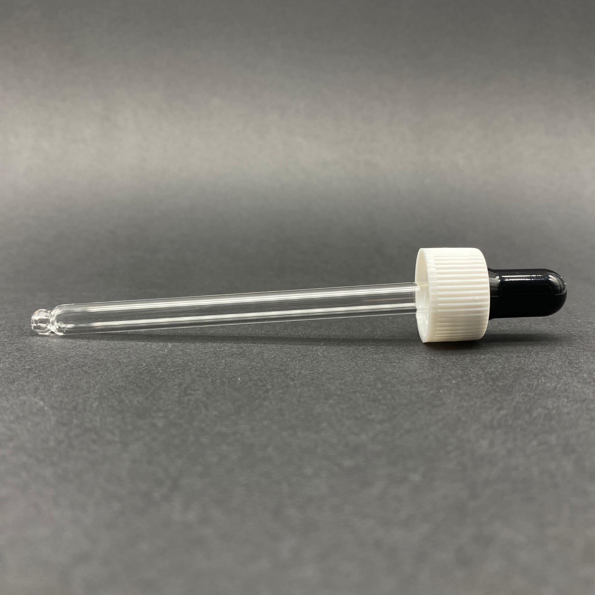 18 MM CAM DAMLALIK TAKIM - PARLAK SİYAH EMZİK+DELİKLİ BEYAZ PLASTİK KAPAK+CAM PİPET - 100 CC DROPPER ŞİŞELER İÇİN