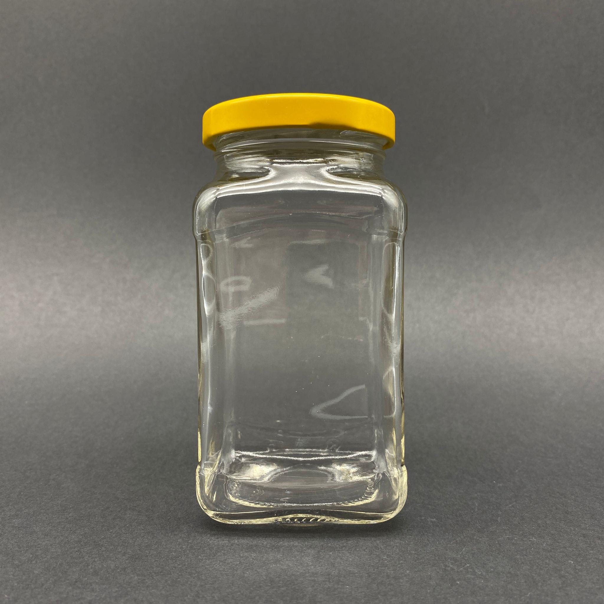 300 CC KÖŞELİ KAVANOZ - SARI METAL KAPAKLI - 300 ML KARE CAM KAVANOZ