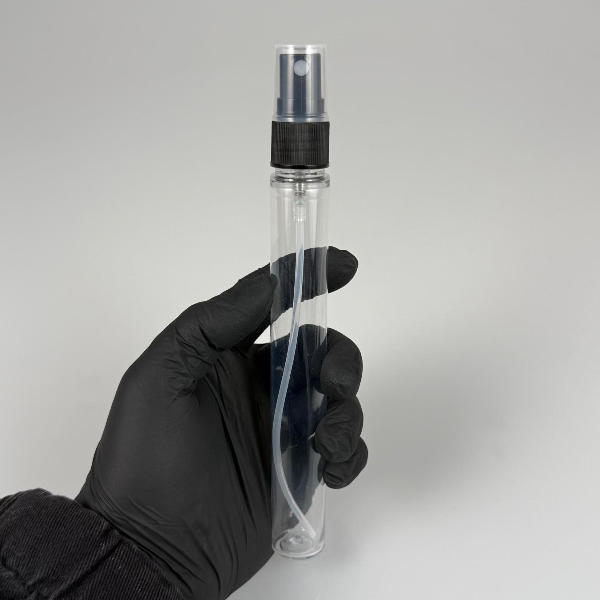 16 CM TÜP - 45 CC UZUN İNCE PET ŞİŞE - SİYAH SPREYLİ TAKIM - UZUN PLASTİK KALEM PARFÜM, KOLONYA ŞİŞESİ