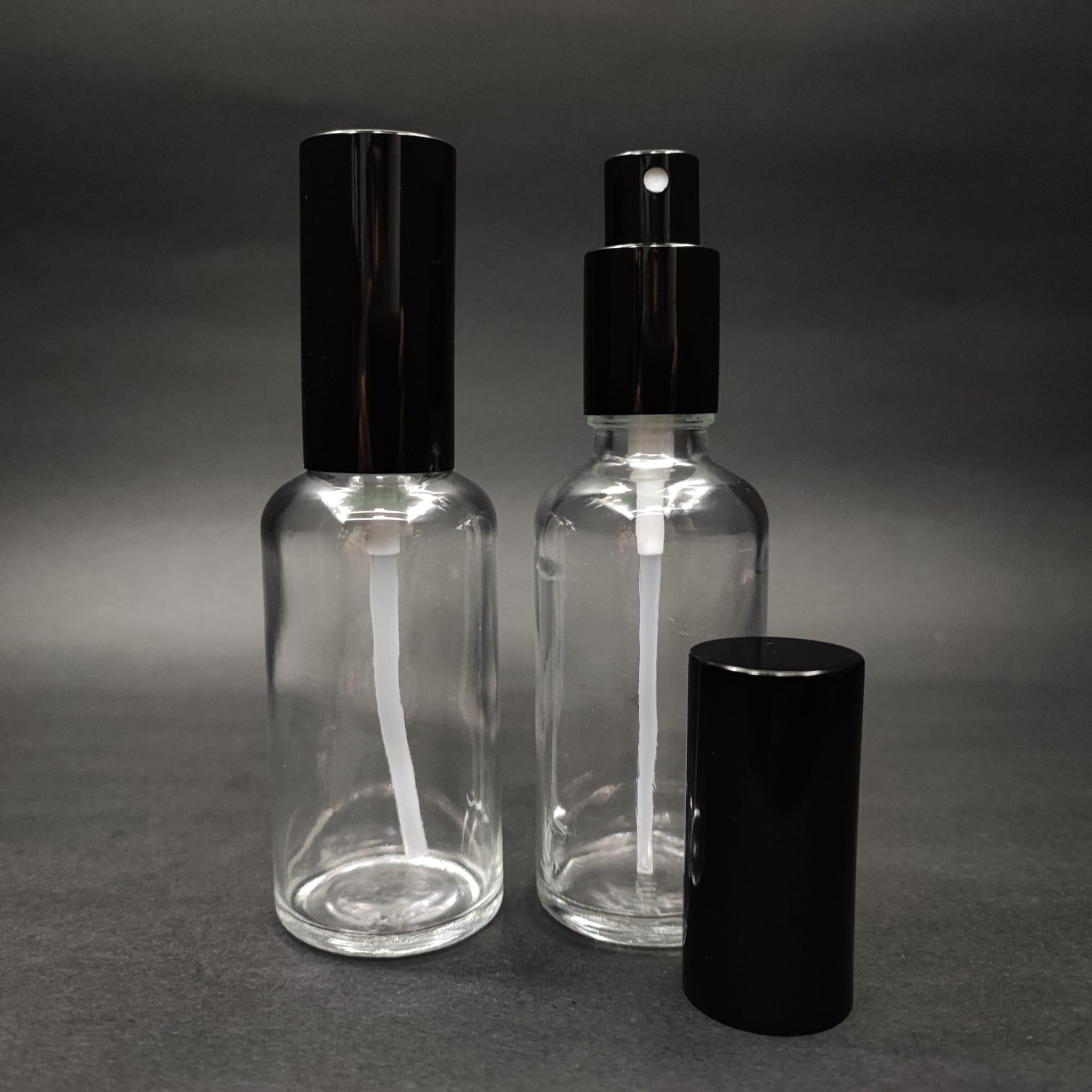 50 ML LÜKS VİDALI VALF ÇEVİRME PARFÜM ŞİŞELERİ - 50 CC ŞEFFAF CAM ŞİŞE - SİYAH METAL SPREYLİ KAPAKLI SET