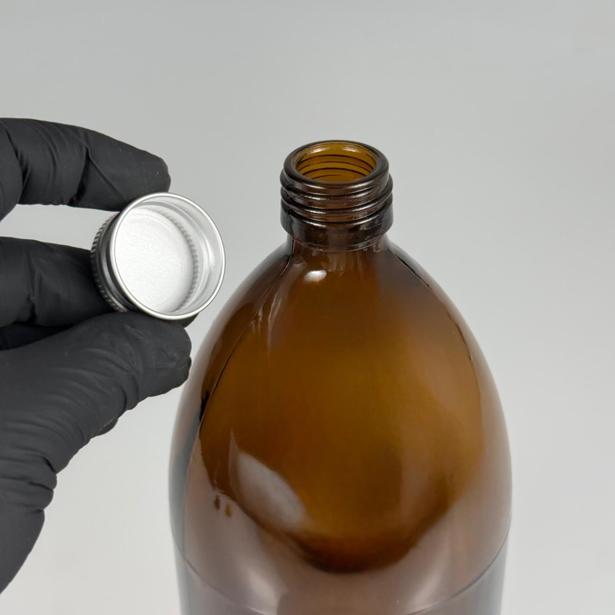 1000 CC AMBER TOMBUL ÖZEL SERİ CAM ŞİŞE - METAL ALÜMİNYUM GÜMÜŞ KÖPÜK CONTALI KAPAKLI - 1000 ML CAM ECZA ŞİŞESİ - KAHVERENGİ