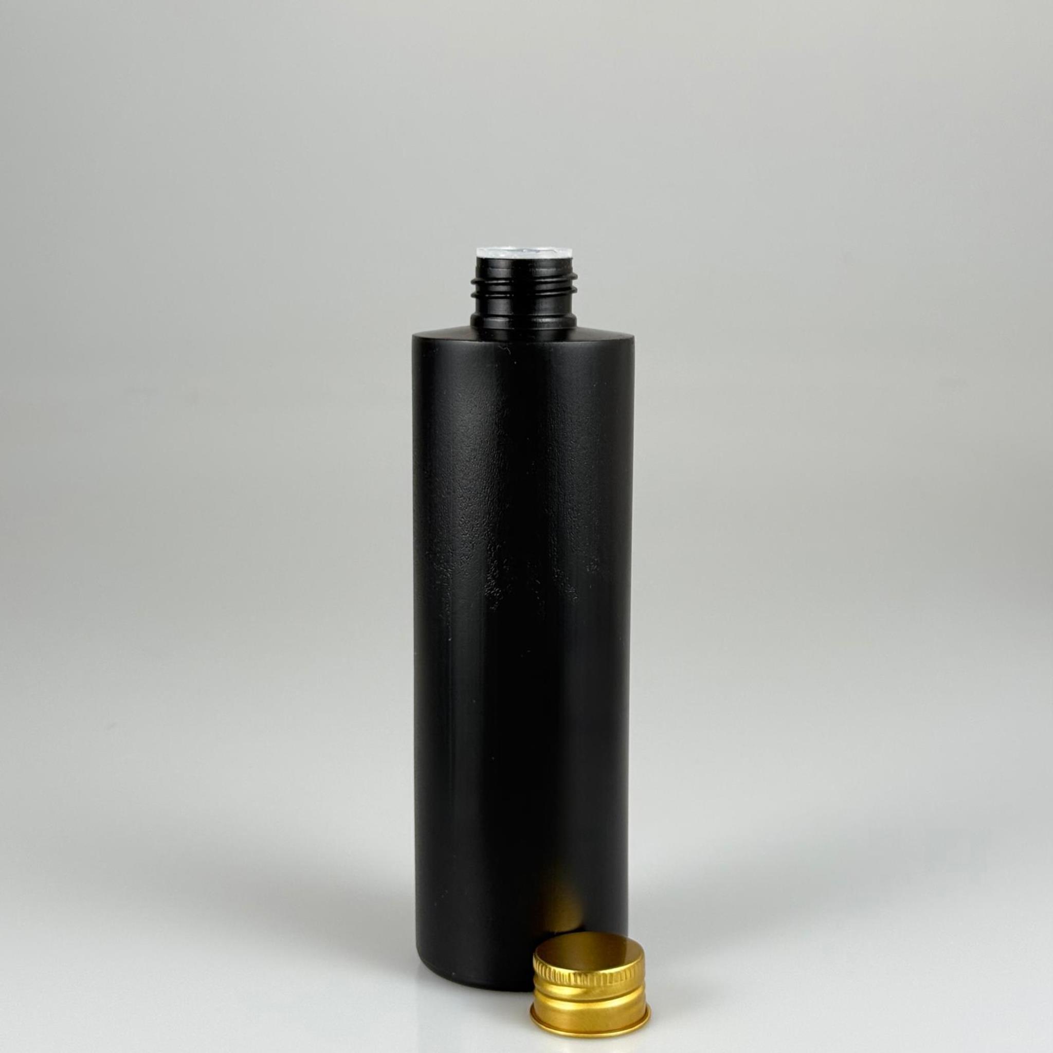 250 CC SİYAH SİLİNDİR MODEL MAT SERT POLİETİLEN ASETON ŞİŞESİ (24 AĞIZ) + KÖPÜK CONTALI GOLD METAL ALÜMİNYUM KAPAK + KOLONYA TIPALI TAKIM - 250 ML KAPAKLI POLİETİLEN ŞİŞELER
