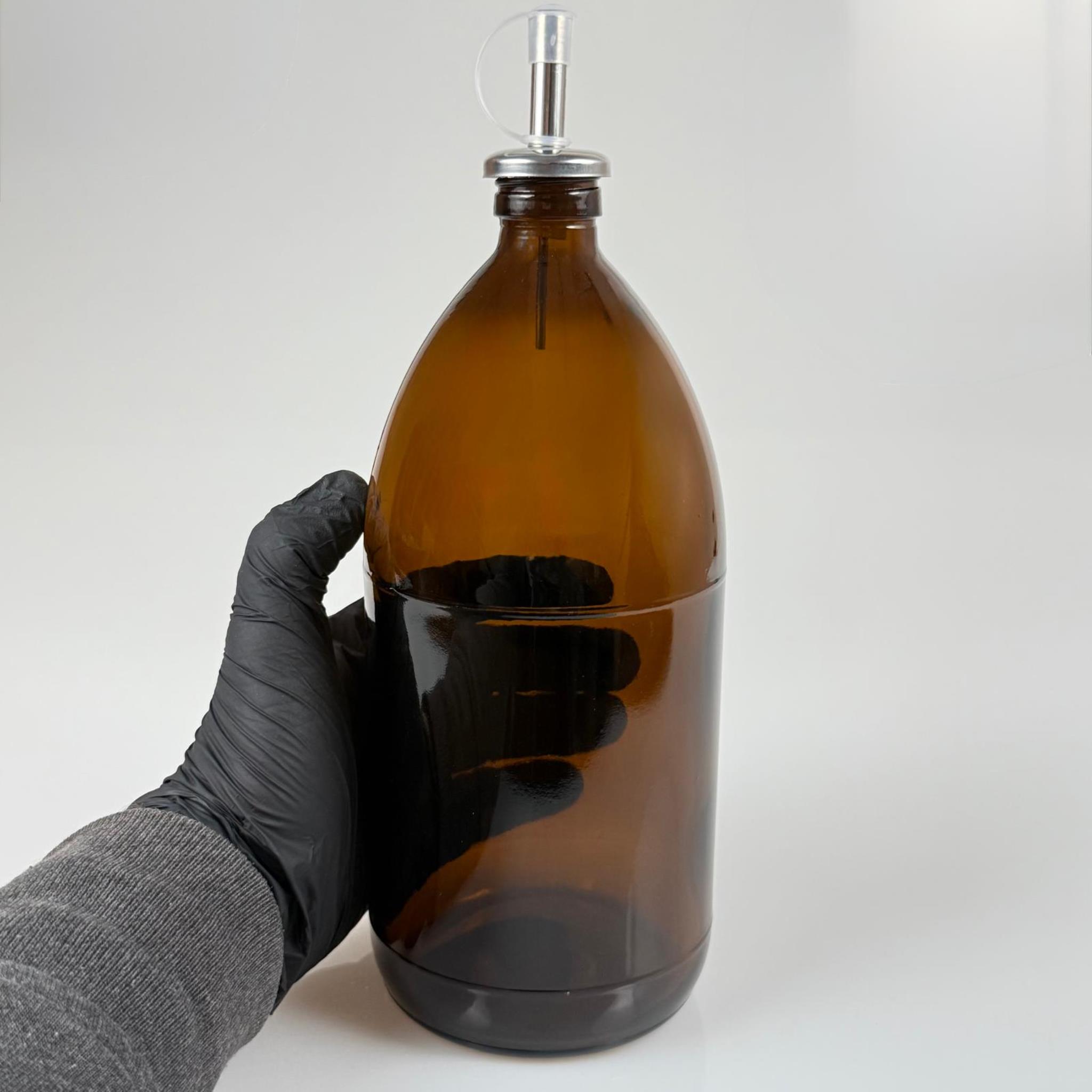 1000 CC AMBER TOMBUL ÖZEL SERİ CAM ŞİŞE - KAPAKLI ÇELİK YAĞDANLIK TIPALI - 1000 ML CAM ECZA ŞİŞESİ - KAHVERENGİ