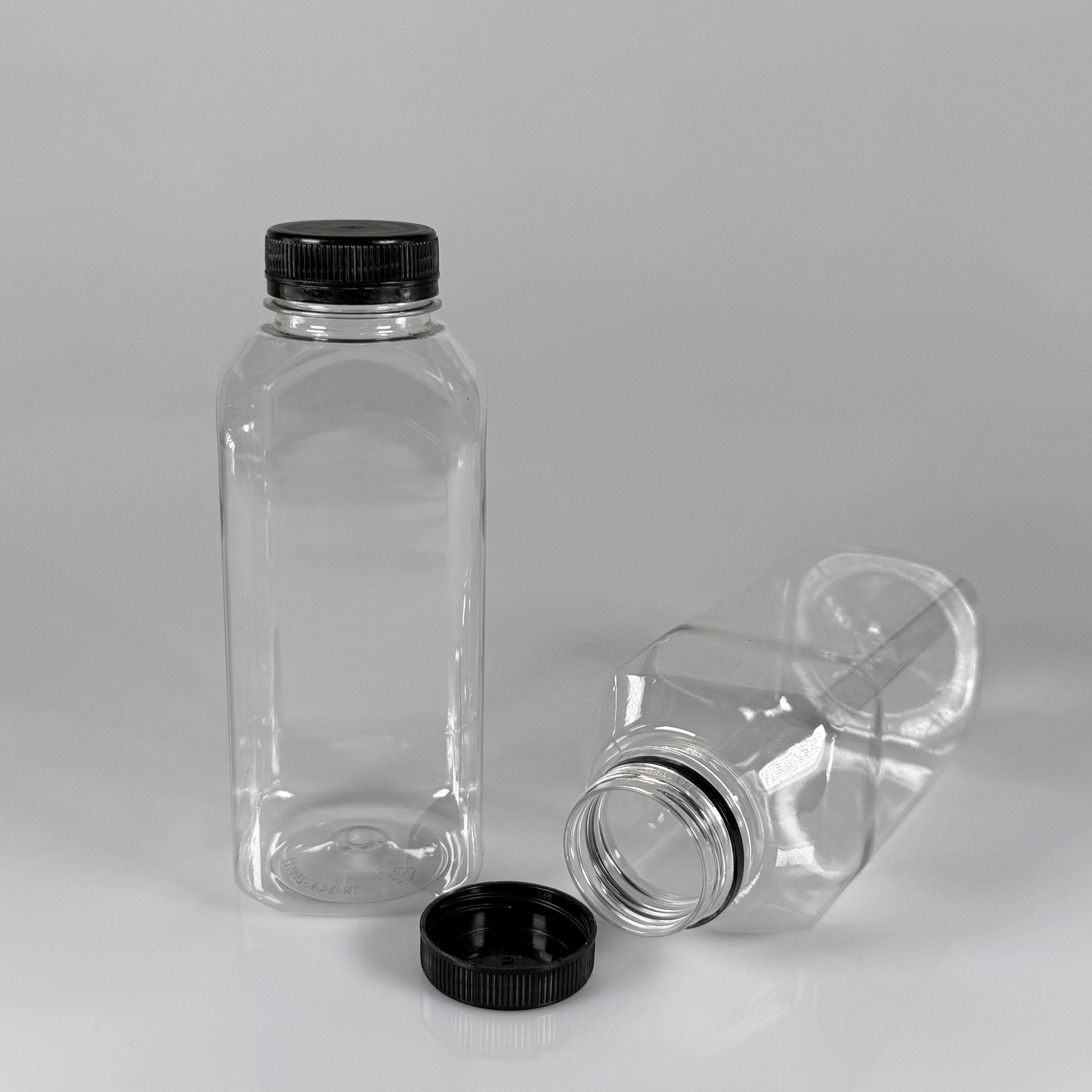 500 CC KÖŞELİ KARE PET ŞİŞE (28 GR) - 38 MM GENİŞ AĞIZLI SİYAH KİLİTLİ KAPAKLI - 500 ML DETOX, MEYVE SUYU, SMOOTHIE, AYRAN, SÜT, MEŞRUBAT VB İÇİN BOŞ PLASTİK ŞİŞELER